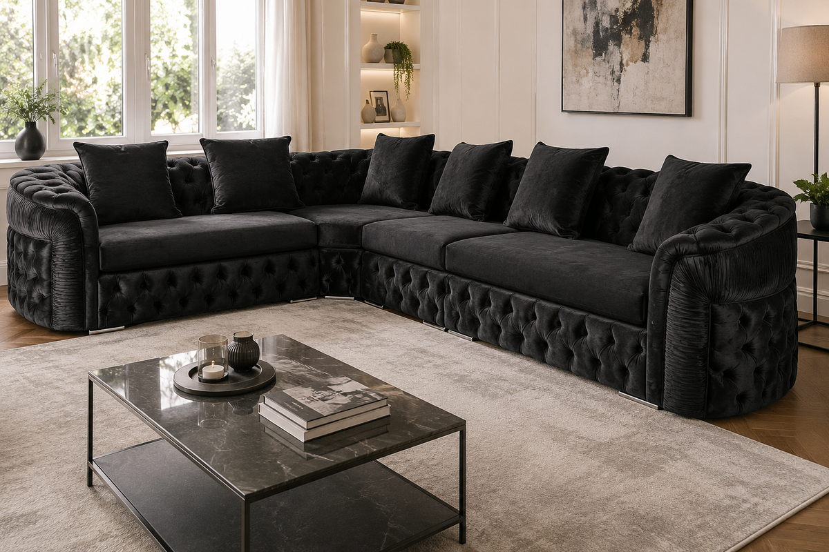Luxury Black Velvet L-Shaped Chesterfield Sofa