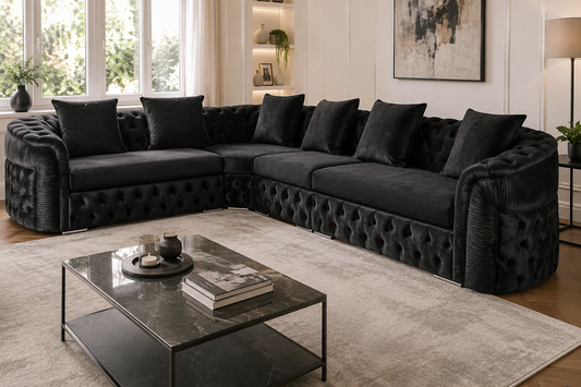 Luxury Black Velvet L-Shaped Chesterfield Sofa