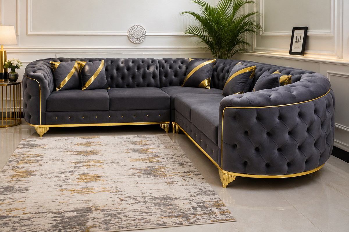 Luxury Charcoal Grey Chesterfield Corner Sofa with Gold Trim