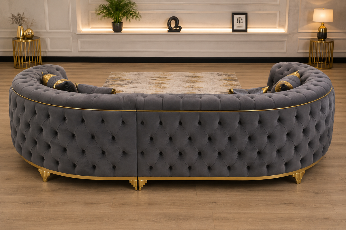 Luxury Charcoal Grey Chesterfield Corner Sofa with Gold Trim