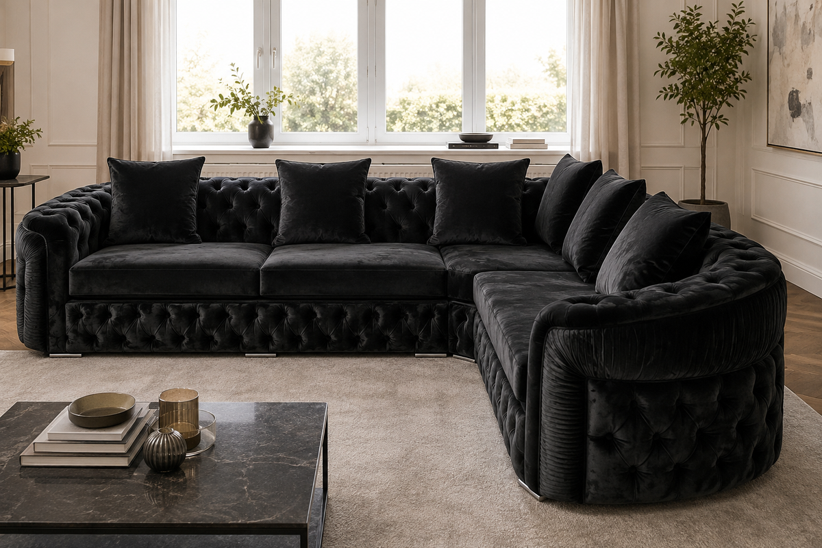 Luxury Black Velvet L-Shaped Chesterfield Sofa