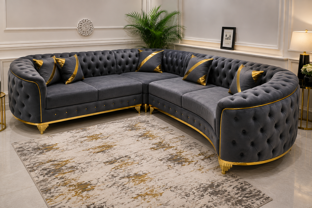 Luxury Charcoal Grey Chesterfield Corner Sofa with Gold Trim