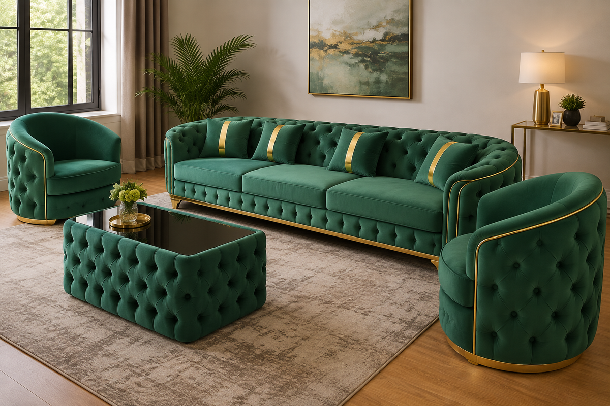 Luxury Emerald Green Velvet 3-Seater Sofa – Chesterfield Style, Gold Trim