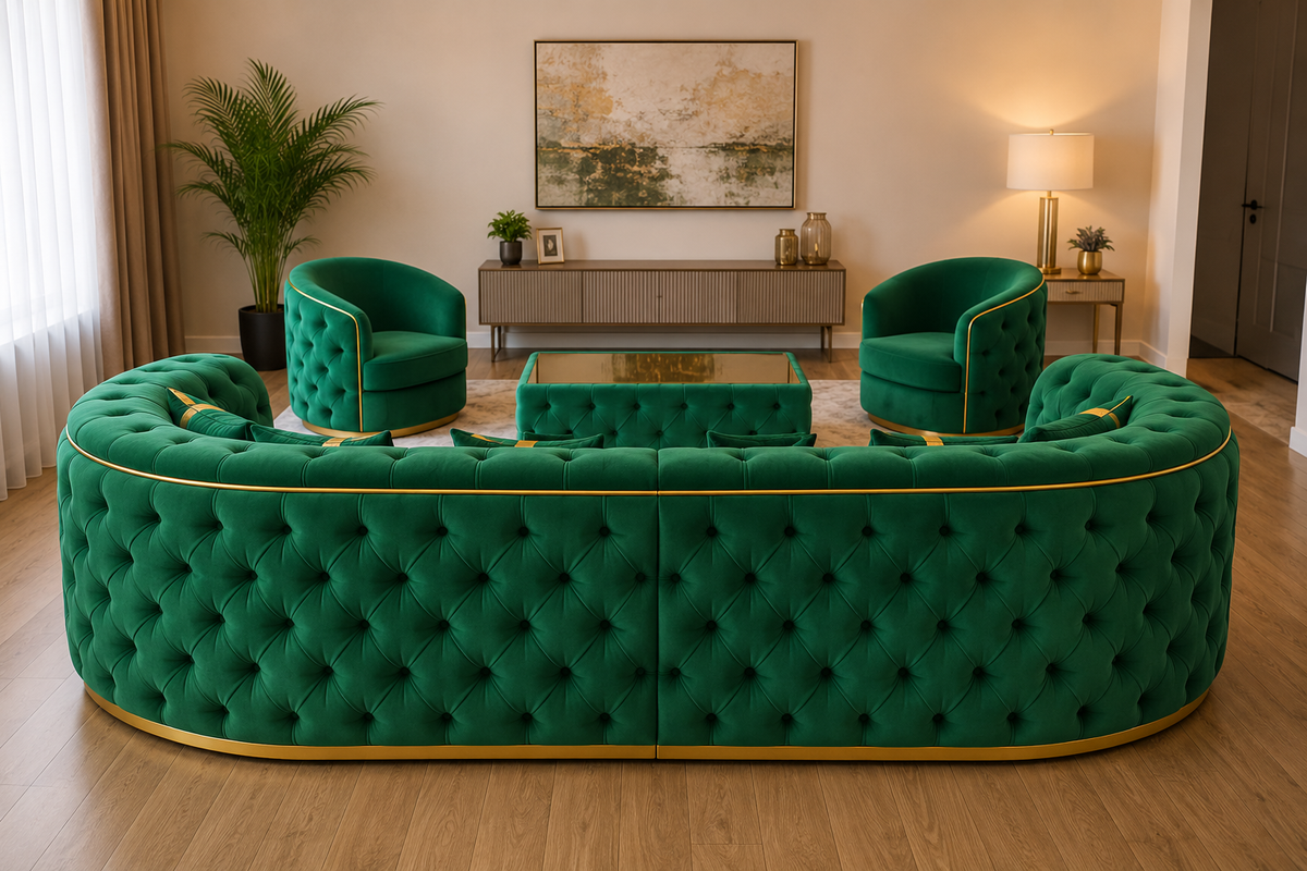 Luxury Emerald Green Velvet 3-Seater Sofa – Chesterfield Style, Gold Trim