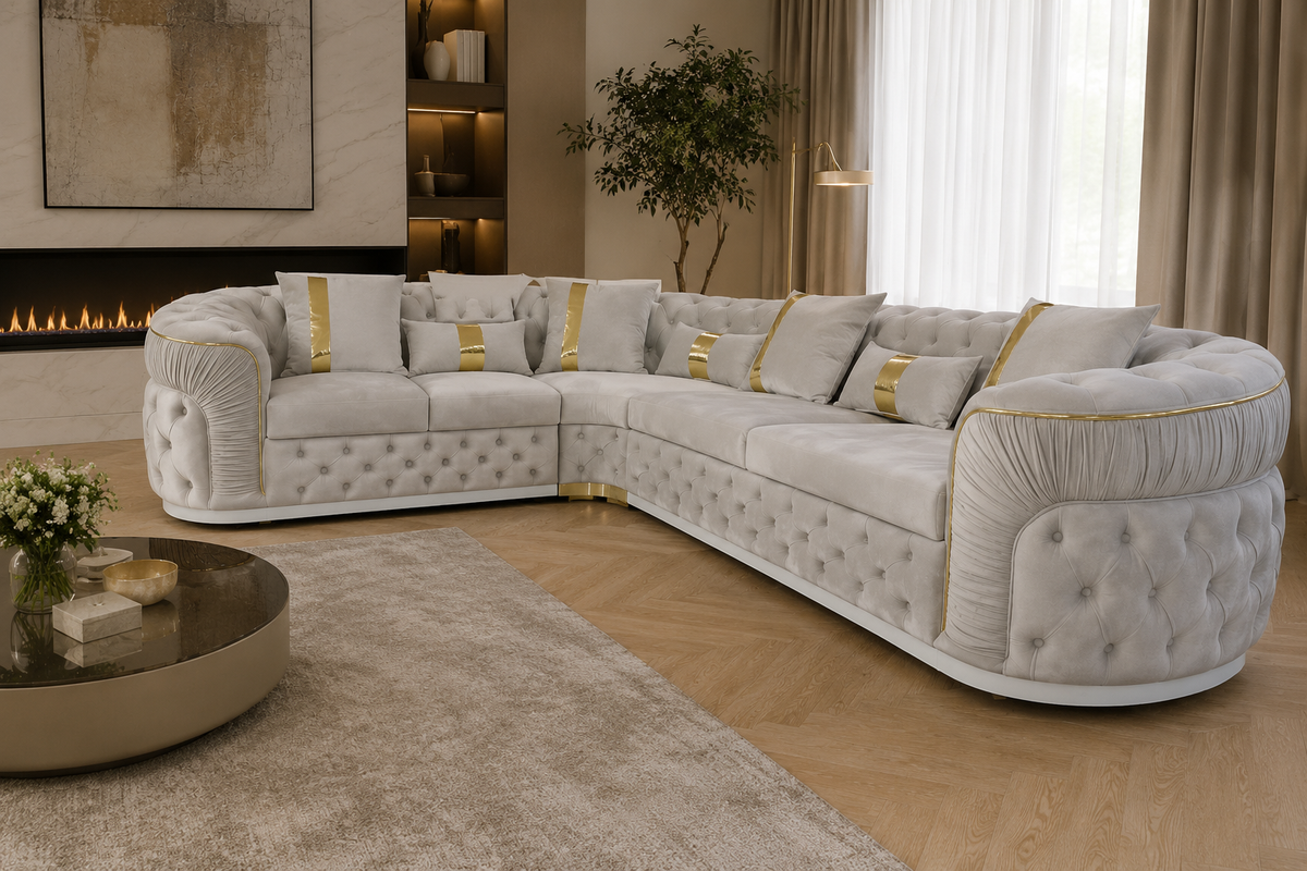 Luxury White Velvet L-Shaped Chesterfield Sofa