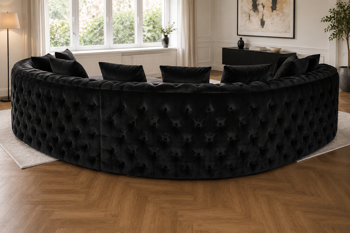 Luxury Black Velvet L-Shaped Chesterfield Sofa