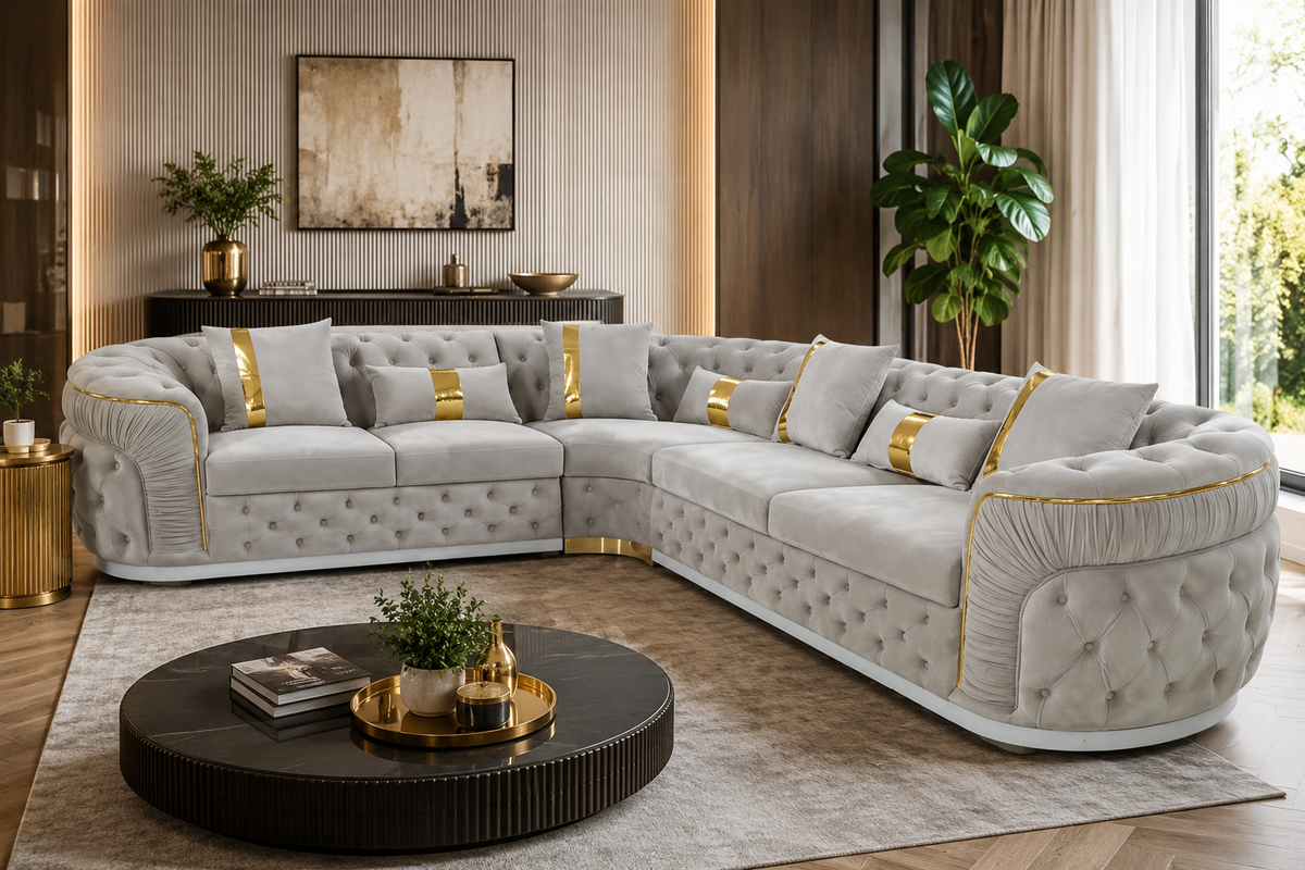 Luxury White Velvet L-Shaped Chesterfield Sofa