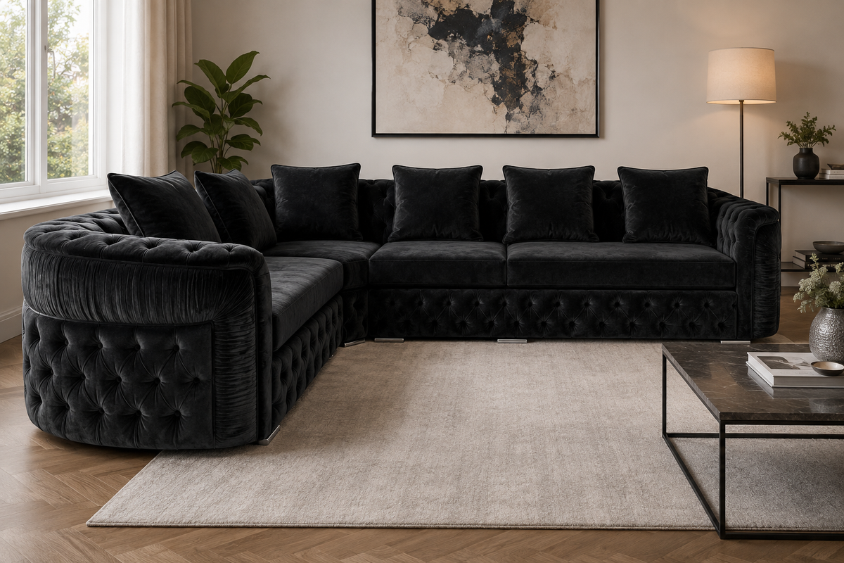 Luxury Black Velvet L-Shaped Chesterfield Sofa