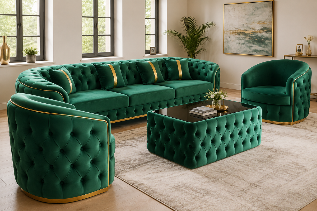 Luxury Emerald Green Velvet 3-Seater Sofa – Chesterfield Style, Gold Trim