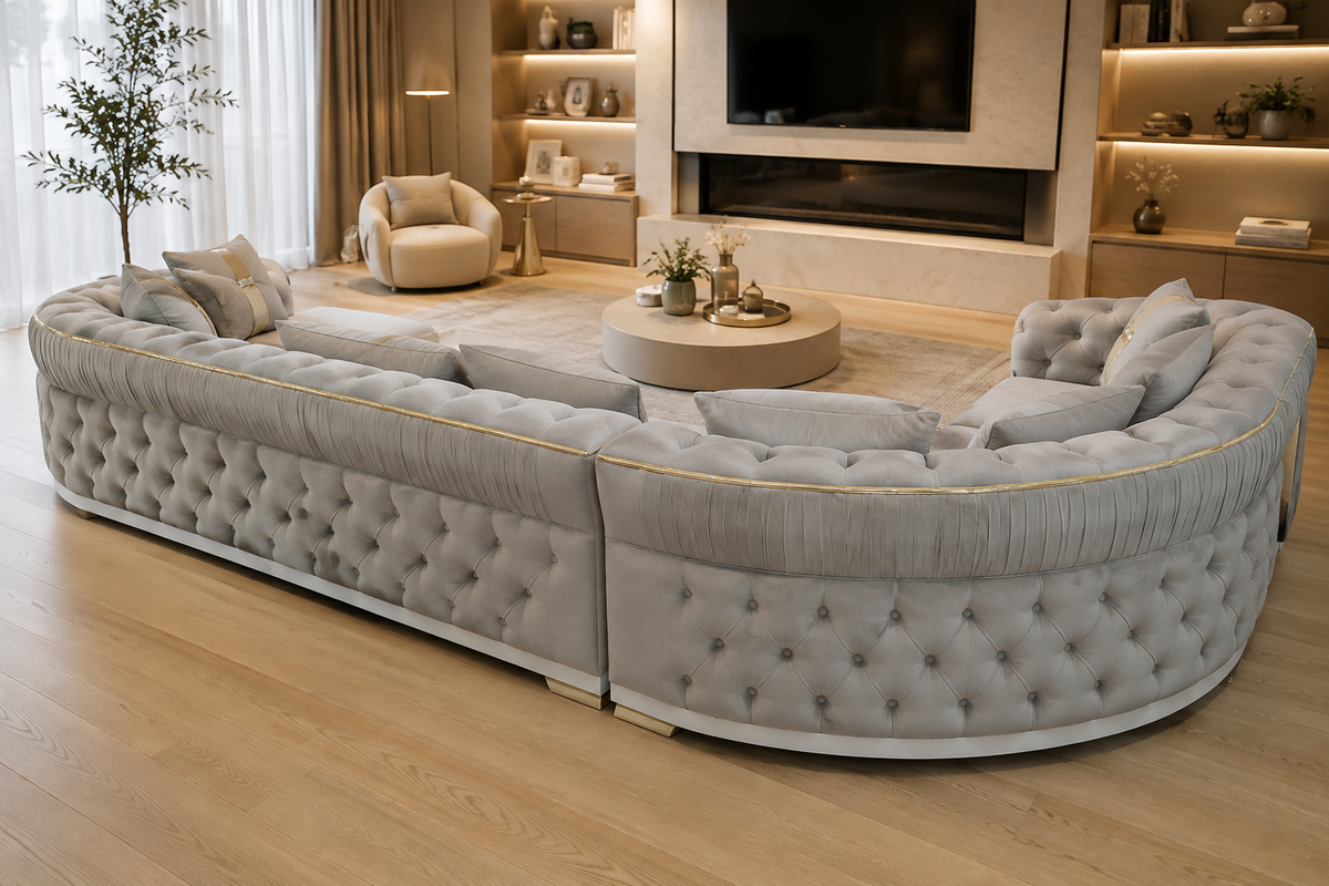 Luxury White Velvet L-Shaped Chesterfield Sofa