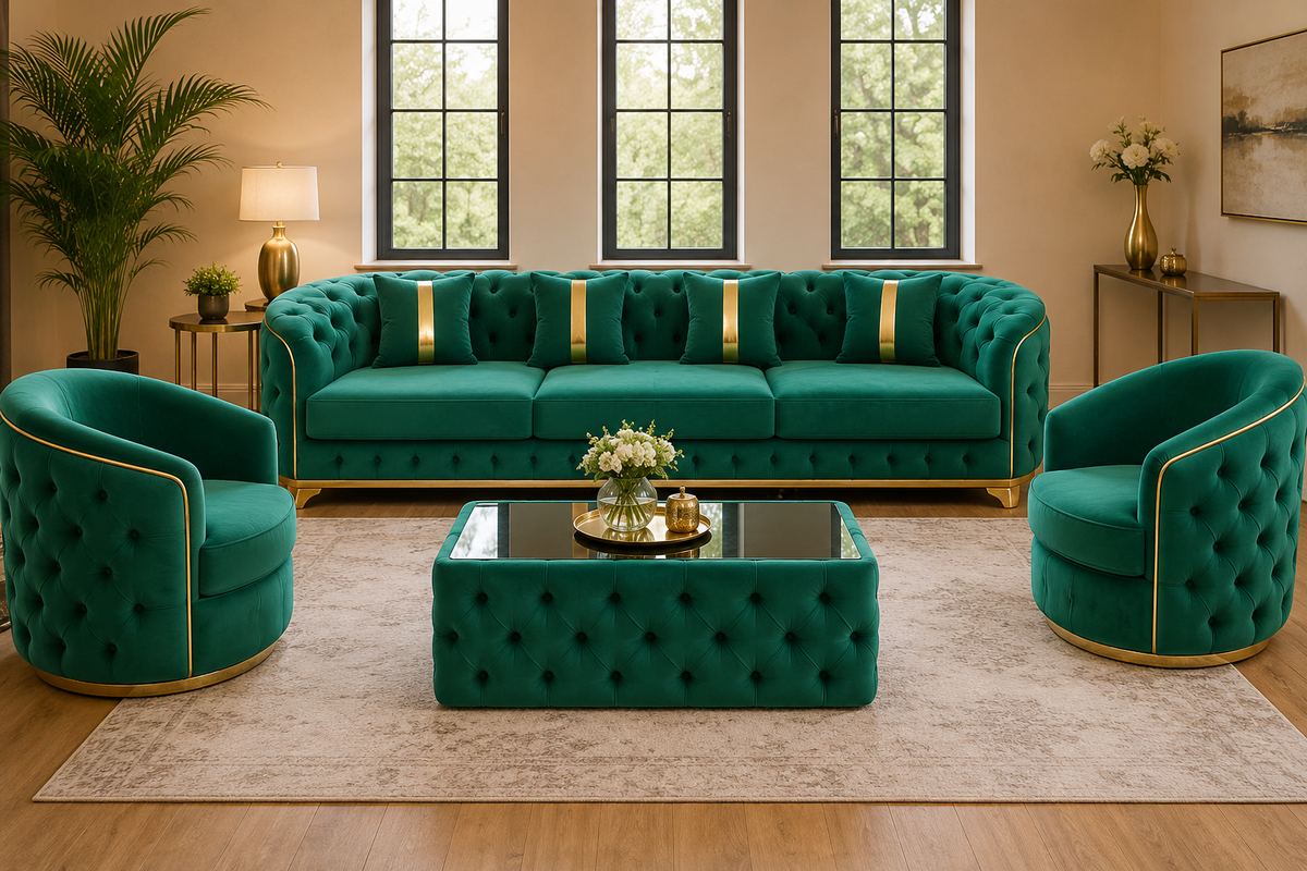 Luxury Emerald Green Velvet 3-Seater Sofa – Chesterfield Style, Gold Trim