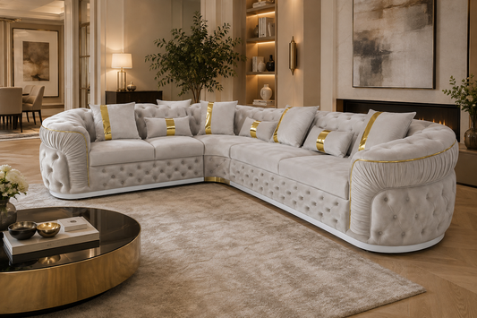 Luxury White Velvet L-Shaped Chesterfield Sofa