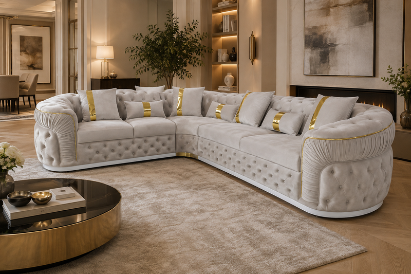 Luxury White Velvet L-Shaped Chesterfield Sofa