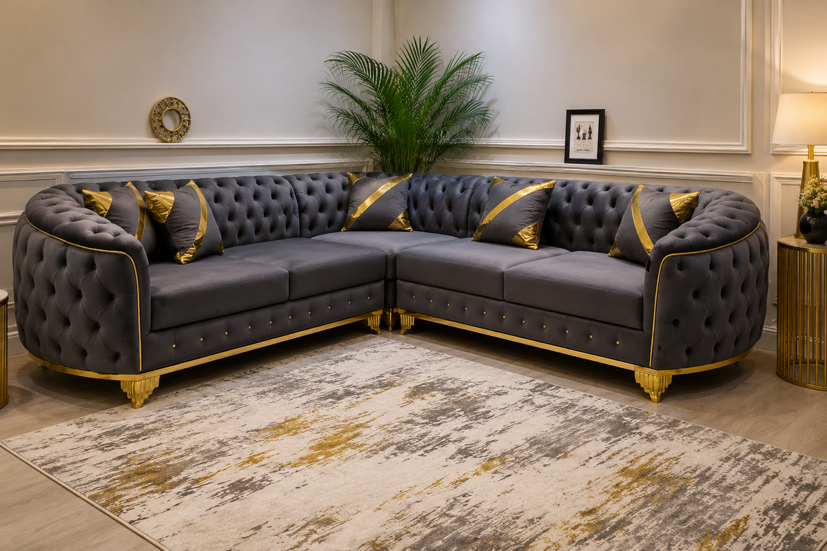 Luxury Charcoal Grey Chesterfield Corner Sofa with Gold Trim